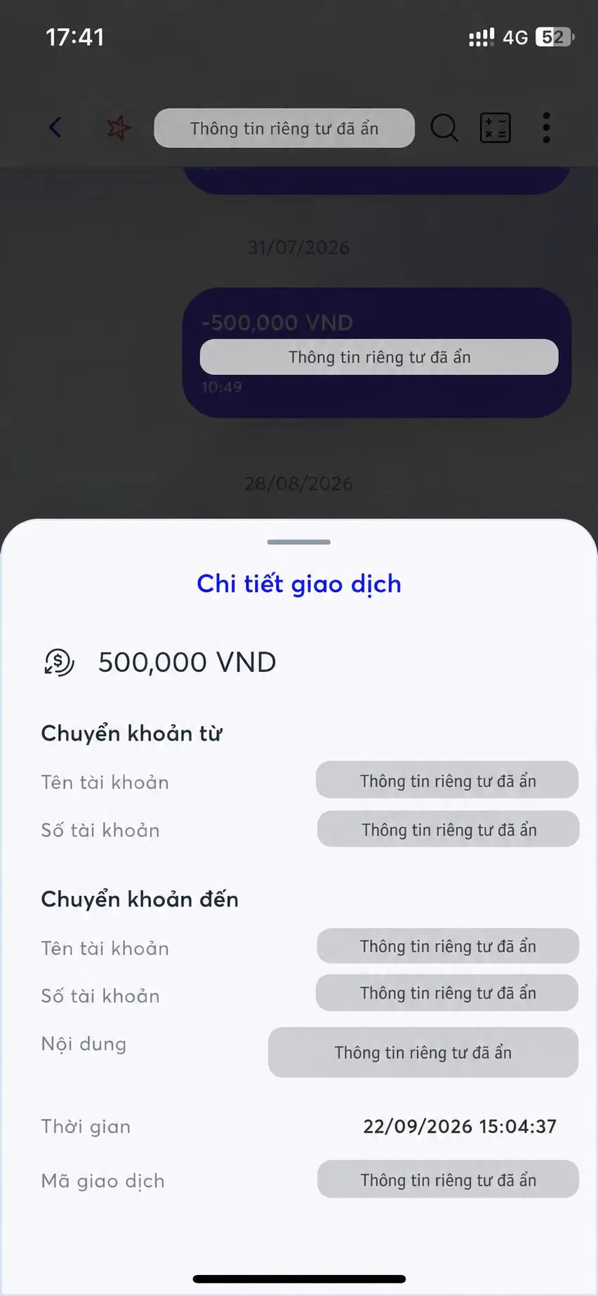 Ảnh minh họa giao dịch 500.000 đồng đã che thông tin riêng tư